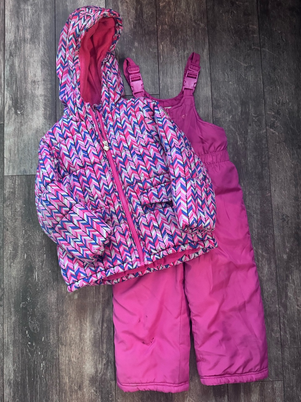 OshKosh B'gosh Pink Multi Chevron Hooded Snow Jacket with Pink Bib Snow Pants